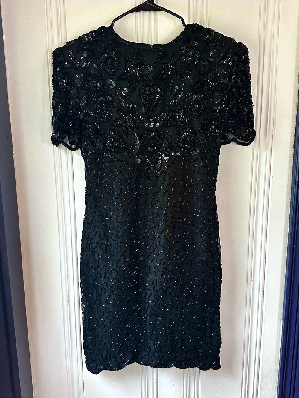Cherish “Silky Nites” Black Beaded Short Sleeve Mini Dress w/ Open Back